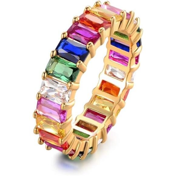 Rainbow eternity ring for women 18K gold plated multicolor gemstone wedding band - Picture 7 of 7